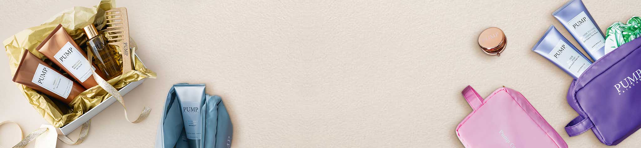 Gift packs banner showing Pump gift bags with product and value pack with shampoo and liquid gold and comb