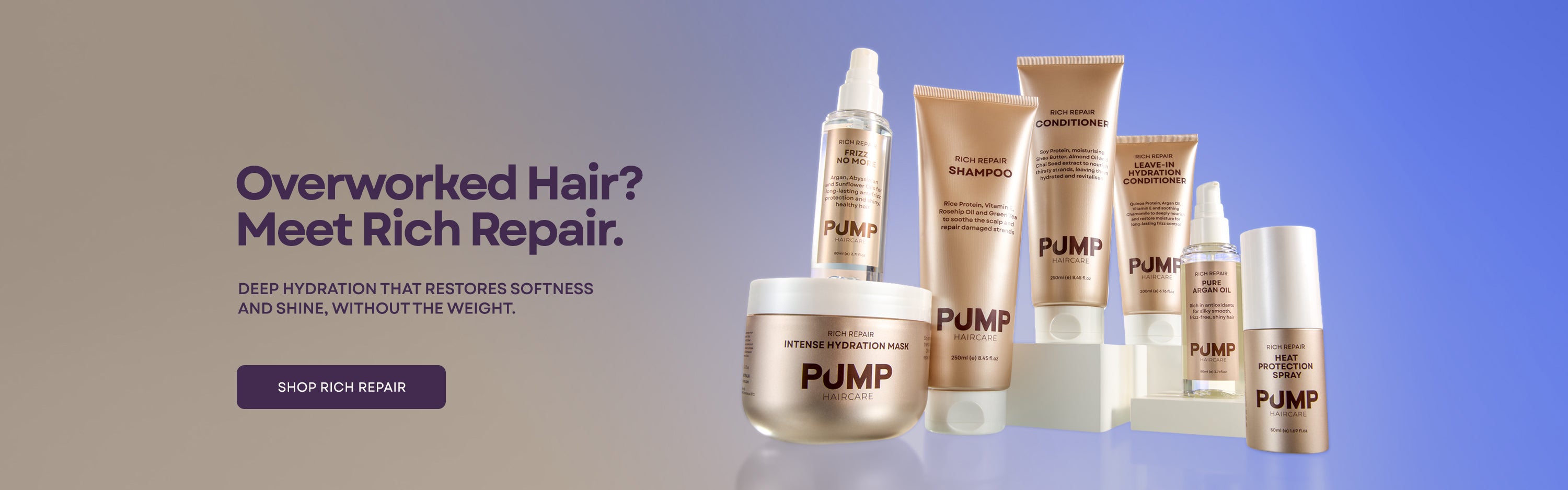 A lineup of PUMP Rich Repair hair care products in metallic gold and white packaging, set against a blue-to-purple gradient background with promotional text on the left.