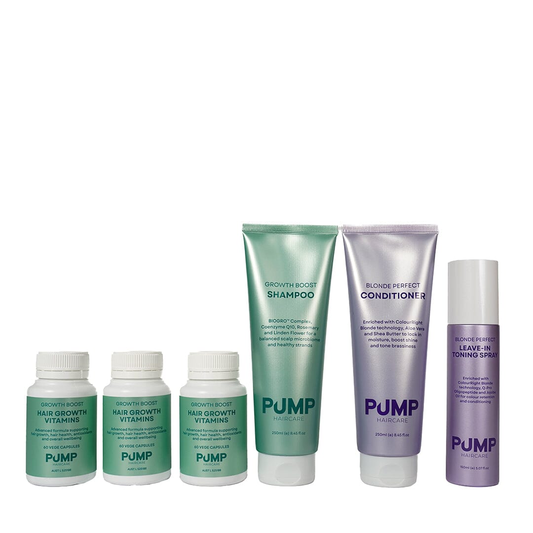 A PUMP hair care set featuring four white bottles with mint green labels, a mint green shampoo tube, a lavender conditioner tube, and a lavender leave-in toning spray bottle, arranged on a plain white background.