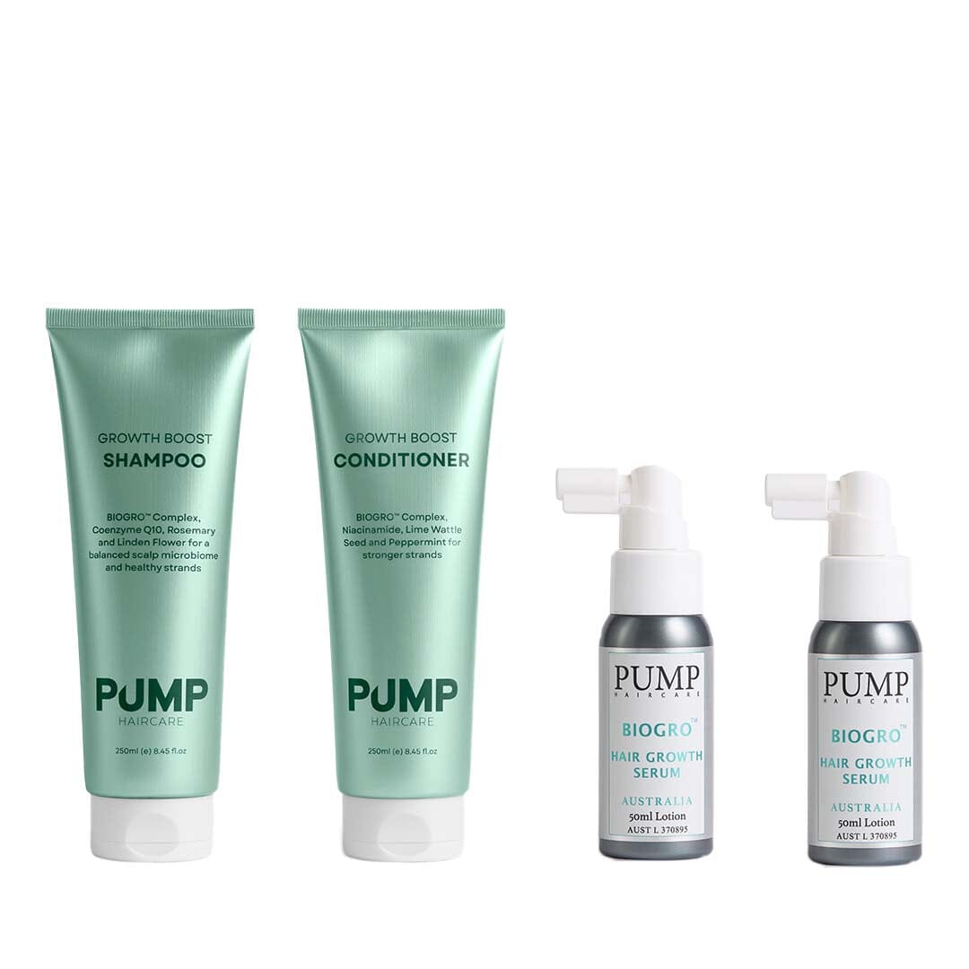 Set of hair care products including shampoo, conditioner, and serums with &