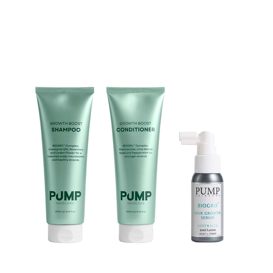 Pump Growth Boost Shampoo and Conditioner with Biogro Hair Growth Serum on a white background