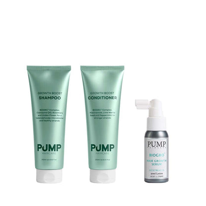 Pump Growth Boost Shampoo and Conditioner with Biogro Hair Growth Serum on a white background