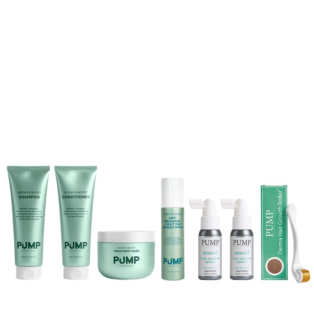 Collection of PUMP hair care products on a white background