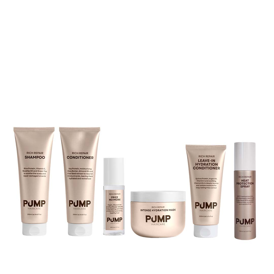 Set of Pump hair care products on a white background