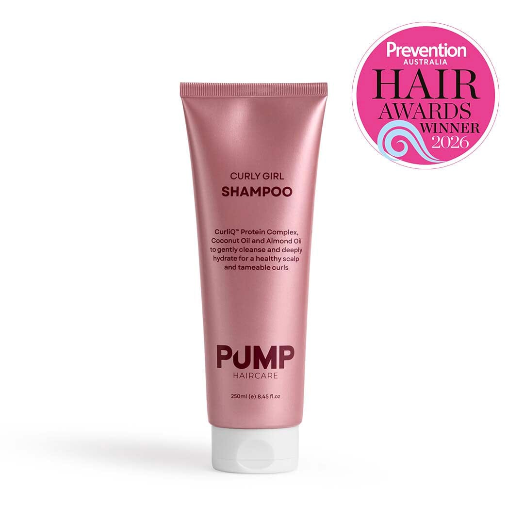Curly Girl Shampoo tube with Pump Haircare branding and Prevention Australia Hair Awards 2026 badge on a white background