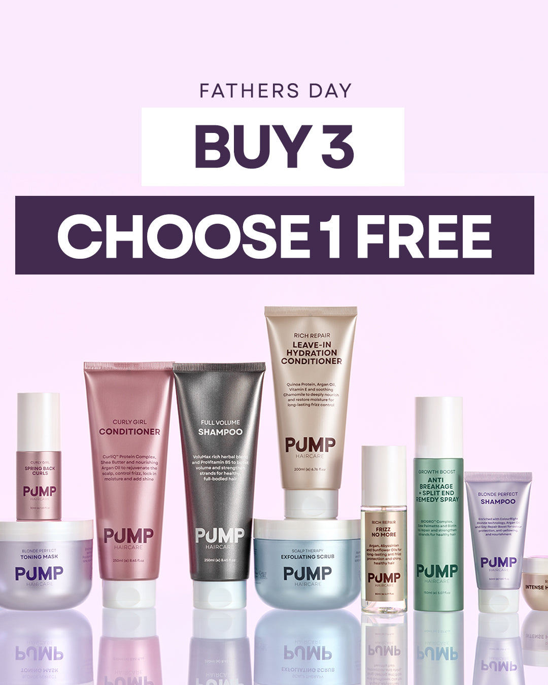 Promotional graphic for PUMP haircare products with the text &