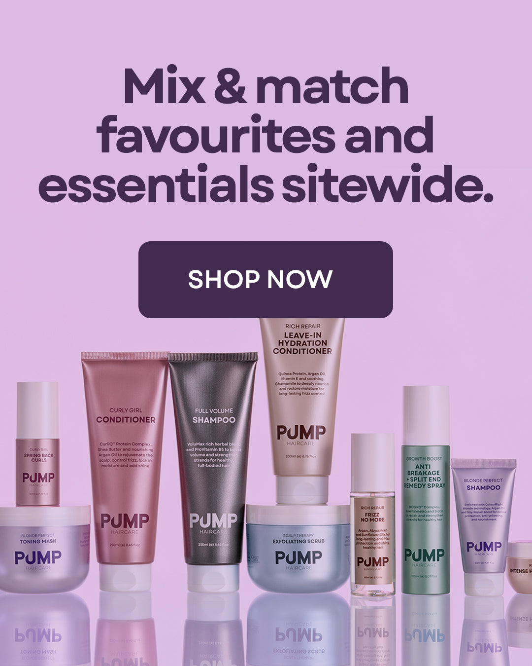 A promotional graphic for PUMP haircare products on a lavender background, with large text reading &