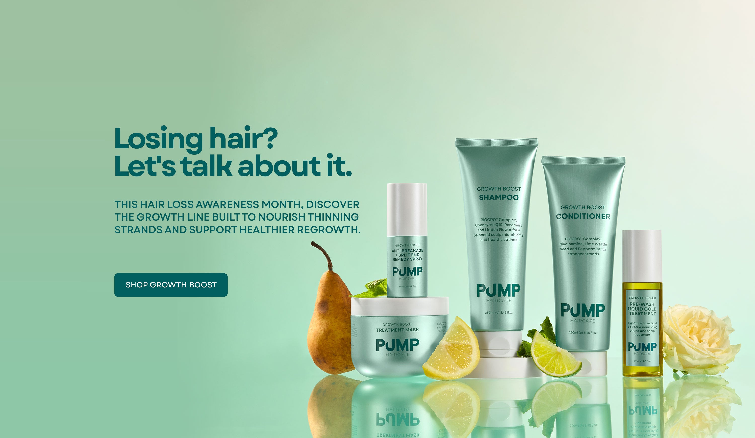 PUMP haircare line products including  Growth Boost shampoo, conditioner, and a treatment oil arranged on a reflective surface against a soft mint green background, promoting Hair Loss Awareness Month.