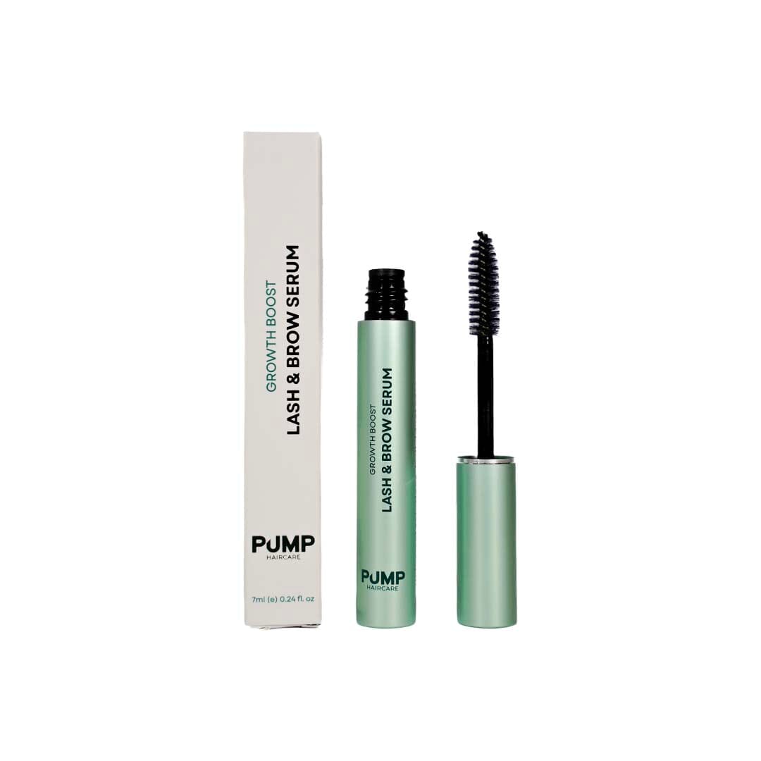 PUMP mascara wand and green tube on white background