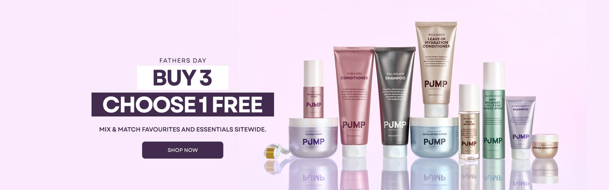 Promotional banner for PUMP haircare products with a lavender background and text reading 'Fathers Day BUY 3 CHOOSE 1 FREE' and 'SHOP NOW,' above a row of assorted pump bottles and jars.