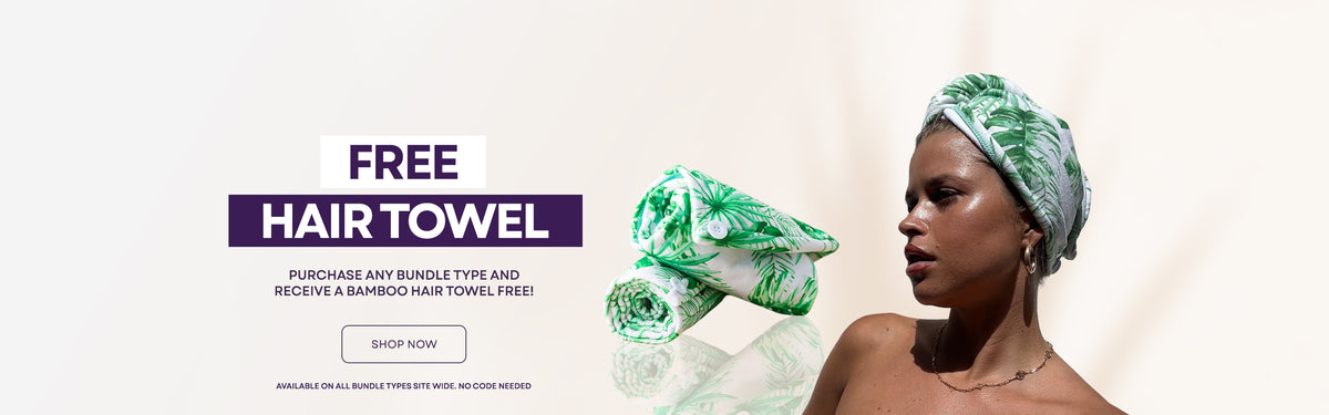Free Bamboo Hair Towel with any bundle purchase. Image of palm leave hair towel rolled up with model shot wearing the hair towel wrap. 