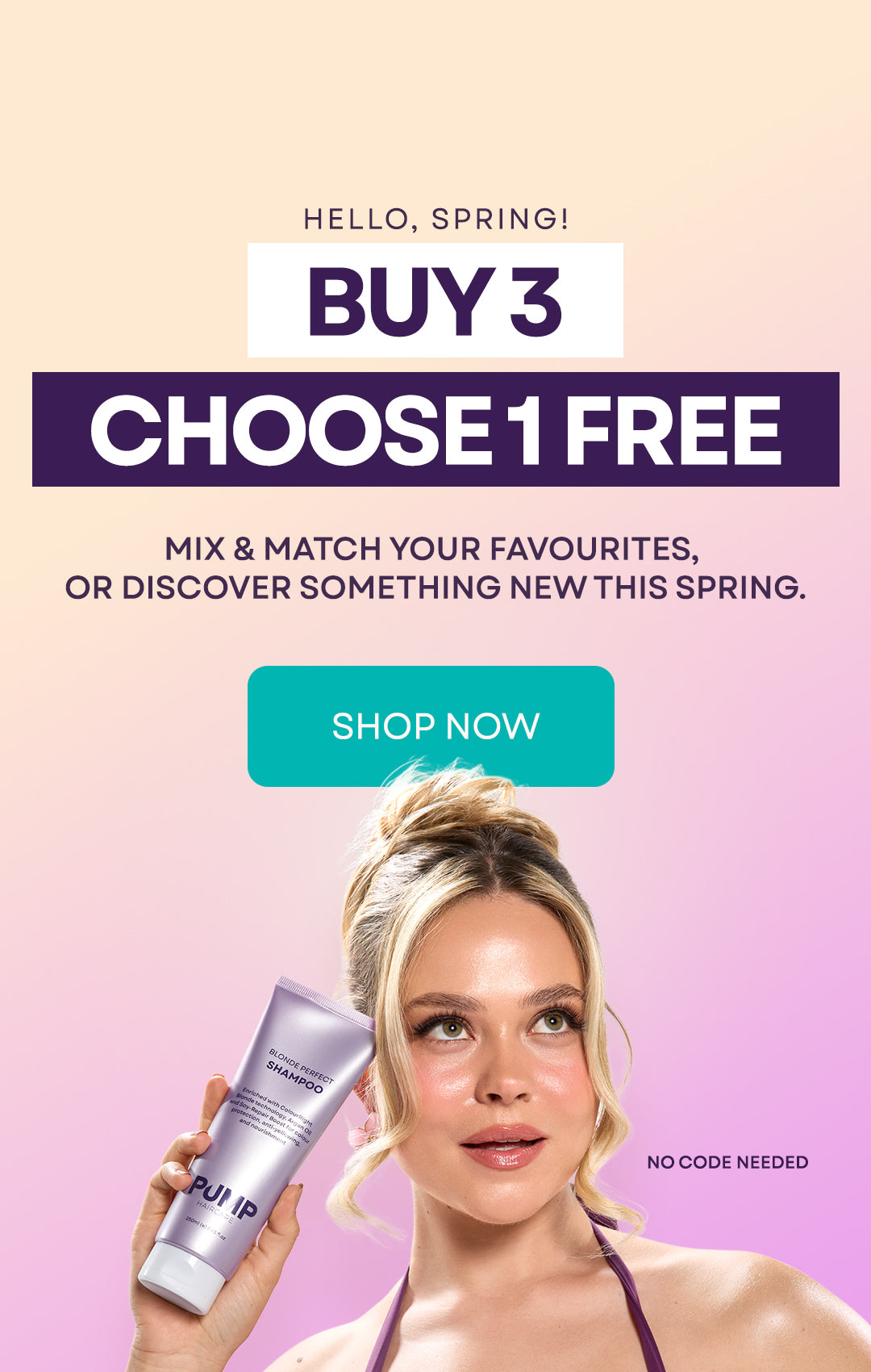 A promotional banner for a Spring Sale, featuring a woman holding a purple 500mL tube of Blonde Perfect Shampoo with text offering a 'BUY 3 CHOOSE 1 FREE' deal against a soft beige-to-pink gradient background.
