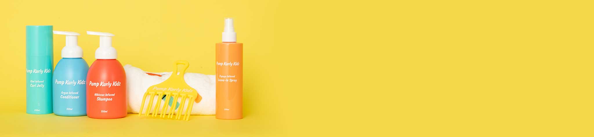 This is a preview of a set of Pump Kurly Kidz Range products including Curl Jelly, Conditioner, Shampoo, Hair towel, detangle comb and Leave-in Spray, 