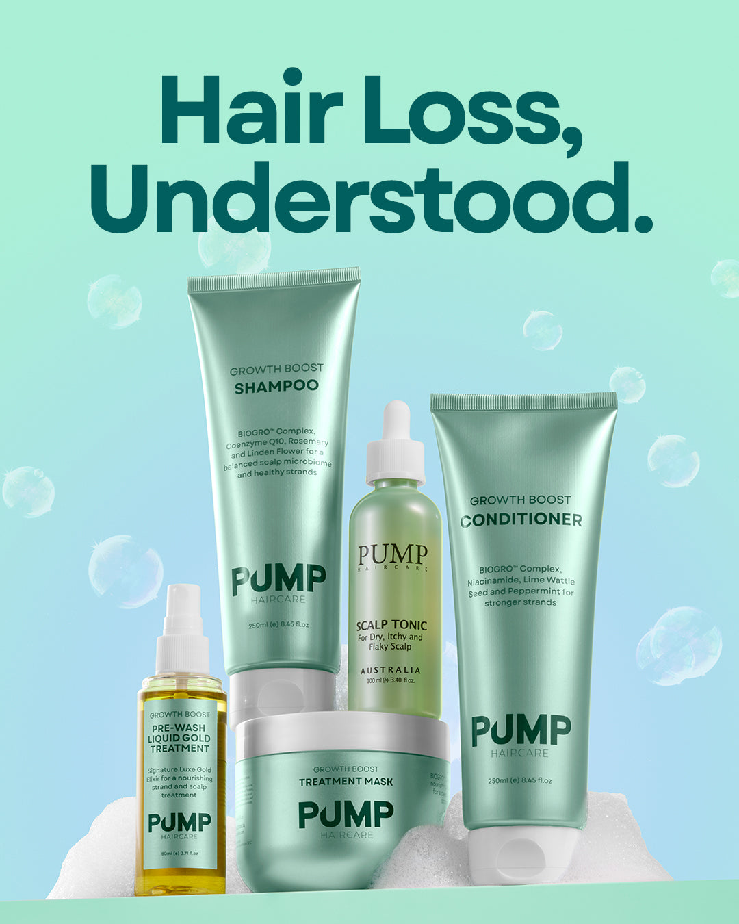 A five-piece hair care set from PUMP Haircare Growth Boost range including shampoo, conditioner, scalp tonic, treatment mask, and hair mask, arranged on white foam against a light teal background with the text &
