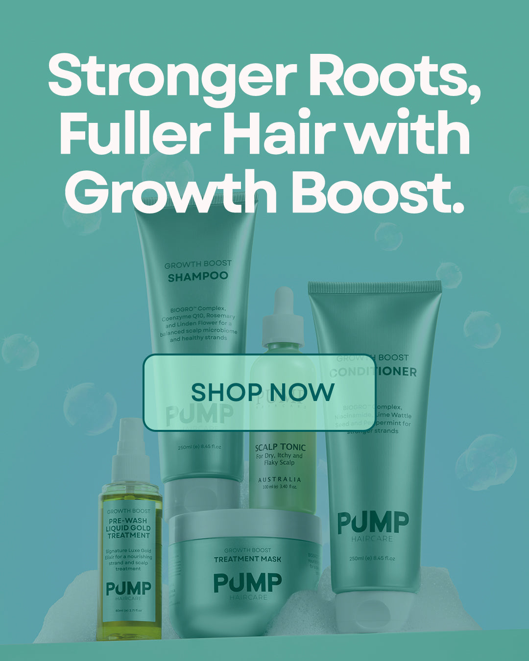 A promotional graphic for a hair care set with several teal bottles and jars labeled PUMP, including shampoo, conditioner, scalp tonic, and treatment mask. Large white text at the top reads &