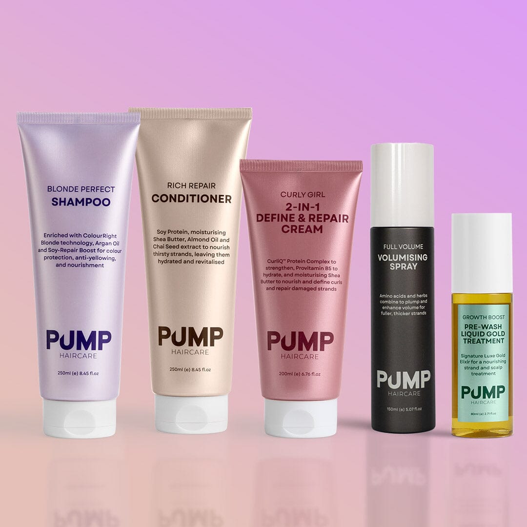 Salon Tester Kit, Blonde Perfect Shampoo, Rich Repair Conditioner, Curly Girl 2-in-1 Define & Repair Cream, Full Volume Volumising Spray, Growth Boost Pre-wash Liquid Gold Treatment